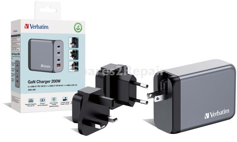 Verbatim Battery Charger/discharger - Gnc-200 Gnc-200 Gan Charger 200w Eu-uk-us, 3x Usb-c - 1x Usb-a
